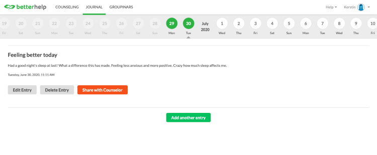 BetterHelp Journal Screenshot